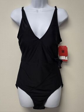 Carole Hochman Faux Wrap V-neck One Piece Swimsuit Black M ( 8 )